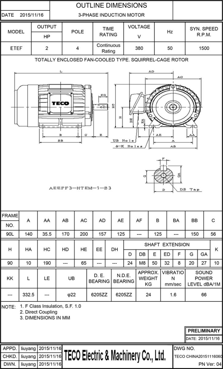 東元2HP 4P 臥式剎車電機尺寸圖