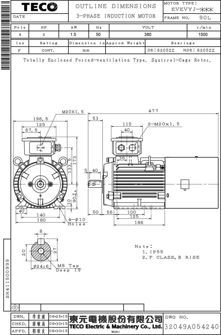 東元1.5KW 4P 臥式變頻電機(jī)尺寸圖